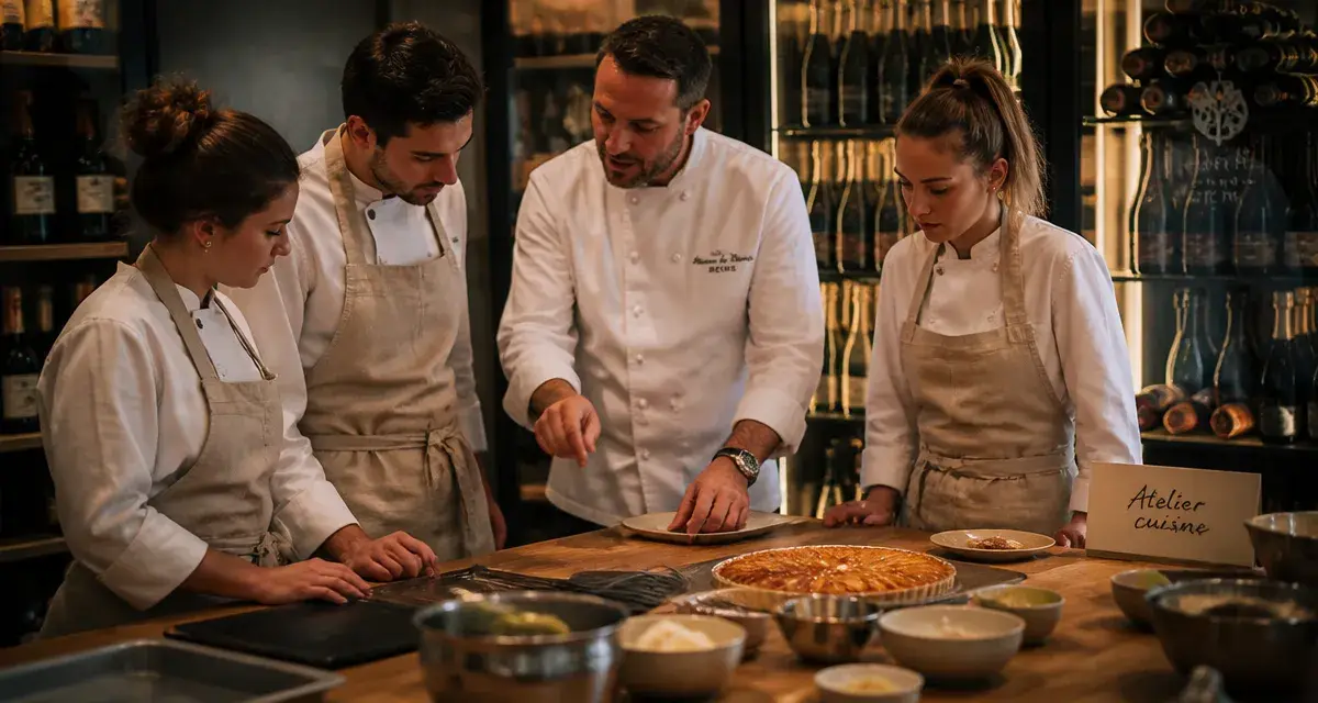 Cours de cuisine Reims en atelier : chef et participants en cuisine pro