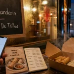 Le mandarin reims : menu sur téléphone devant la vitrine du restaurant