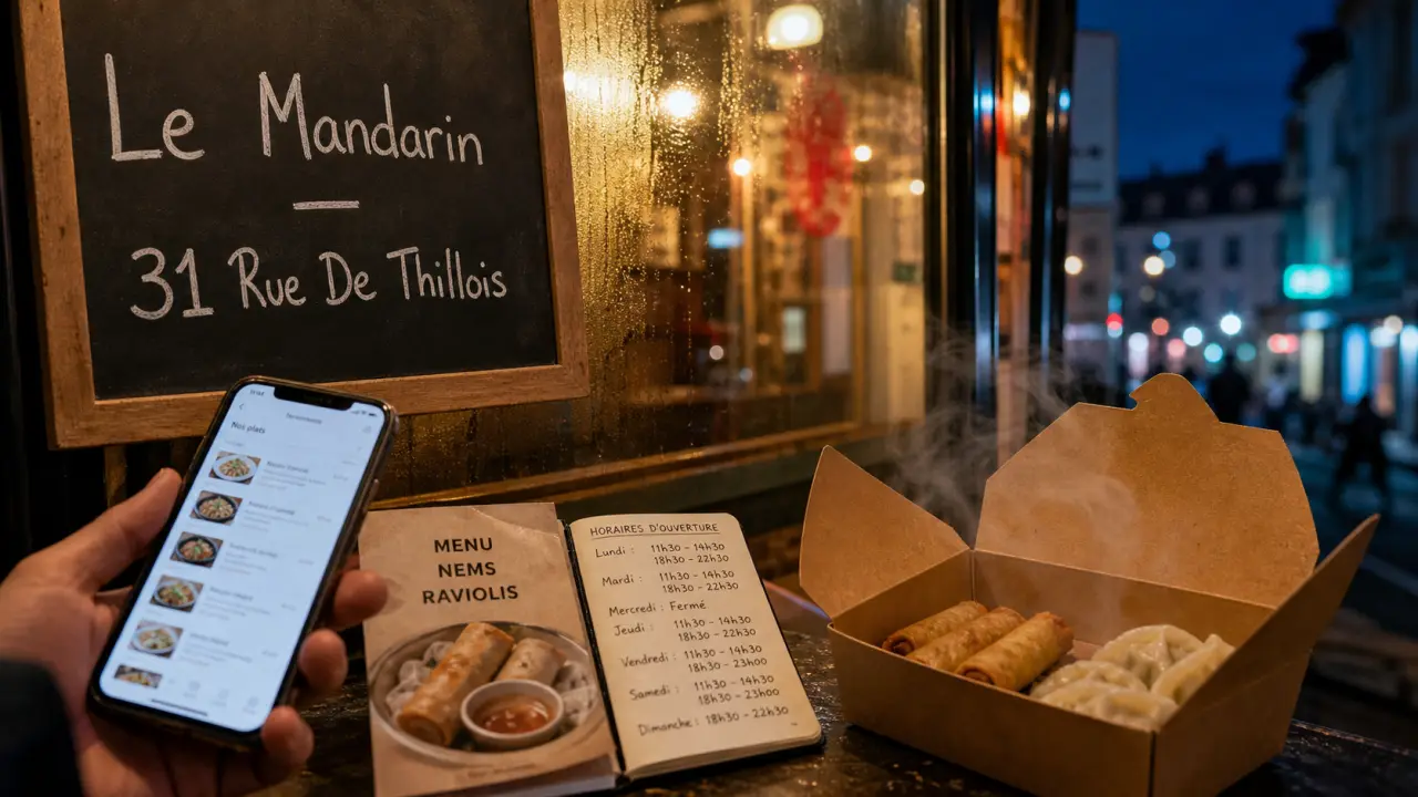 Le mandarin reims : menu sur téléphone devant la vitrine du restaurant