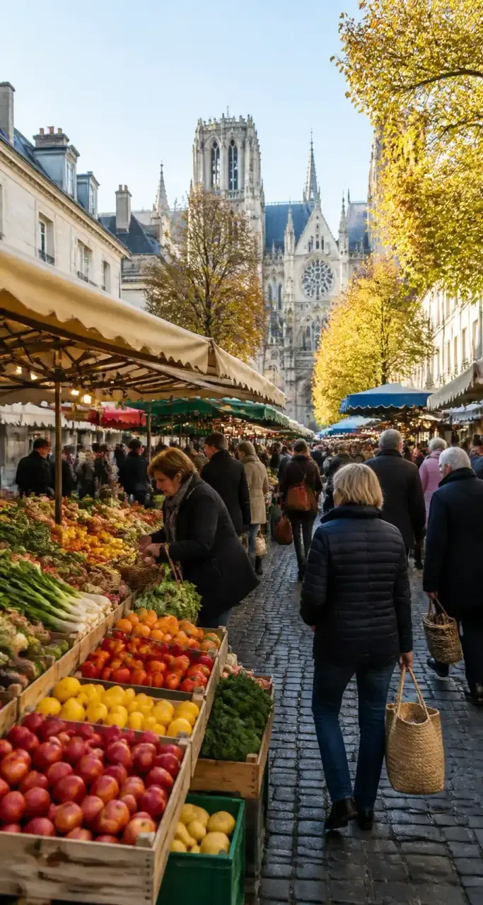 Marché animé sur une place à Reims, avec des habitants au quotidien