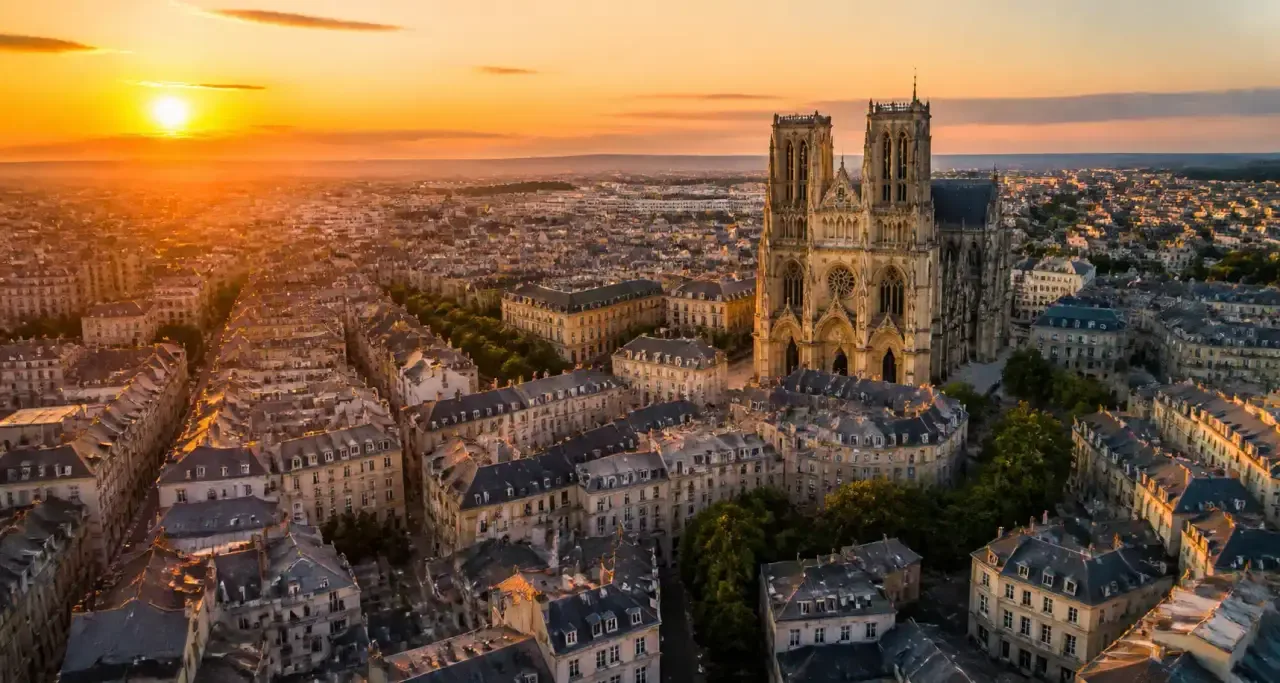 Vue aérienne du centre historique de Reims au coucher du soleil