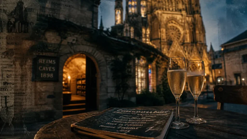 Séjour Reims : cathédrale et entrée de cave, champagne au crépuscule
