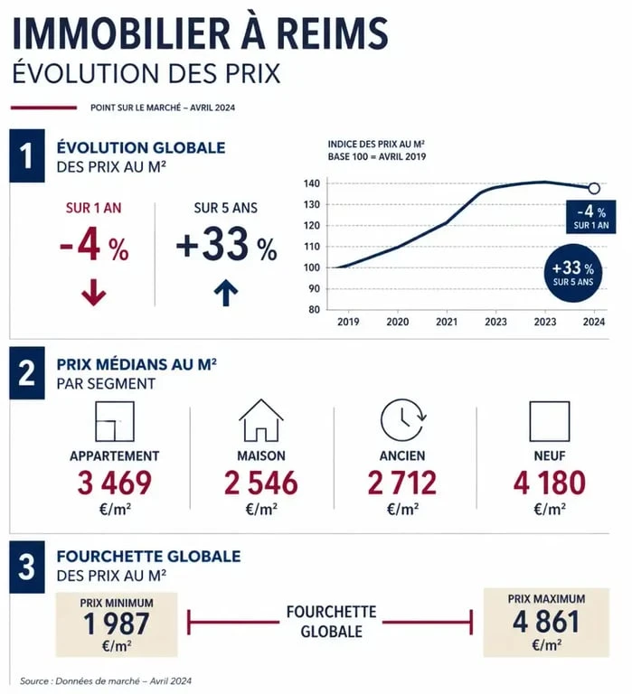 Infographie sur l'évolution des prix immobiliers à Reims, entre appartements, maisons, ancien et neuf
