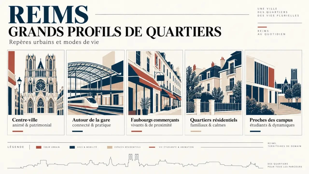 Infographie éditoriale sur les quartiers de Reims et leurs ambiances de vie
