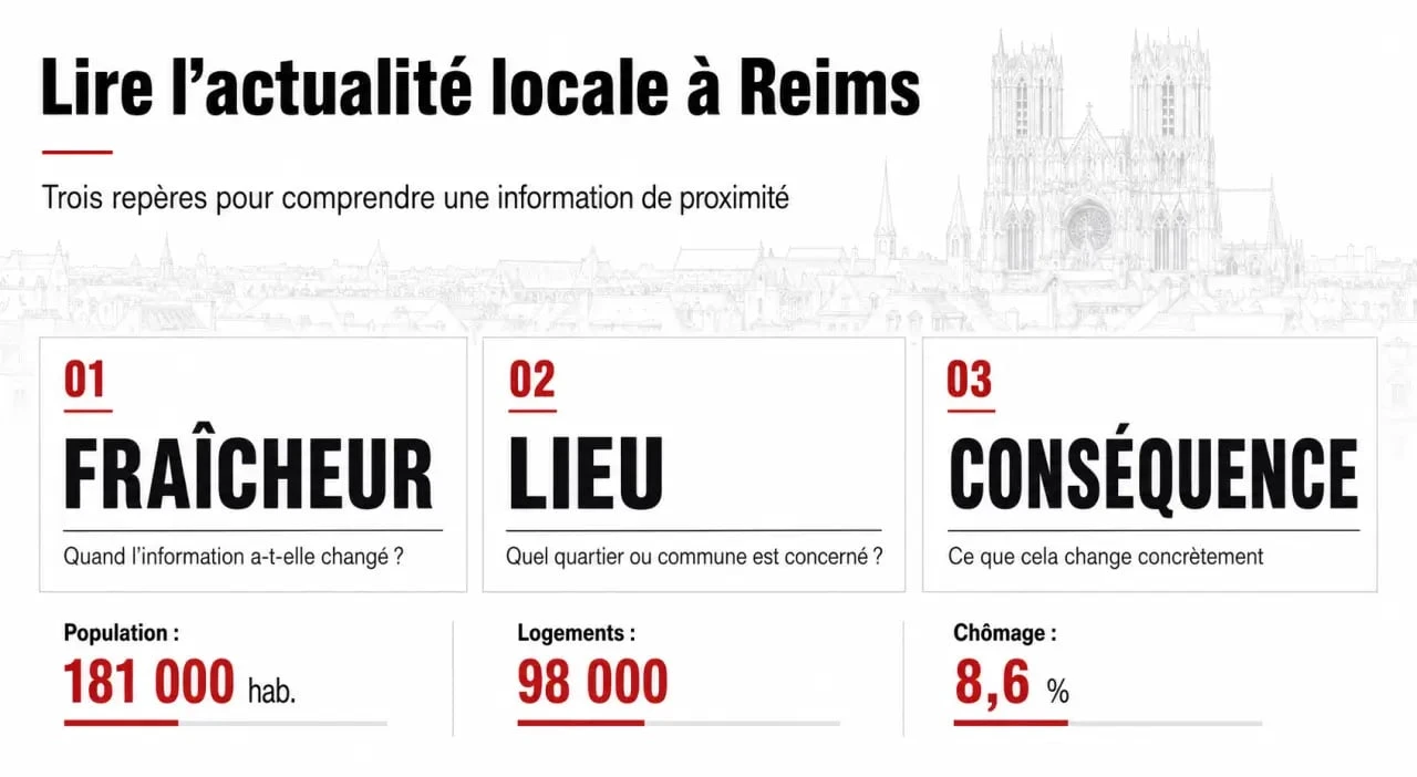 reims actualité : visuel éditorial résumant les repères à vérifier dans l’actualité locale et les chiffres clés de Reims
