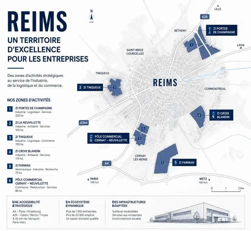 Carte des zones d'activités pour le conseil immobilier entreprise à Reims