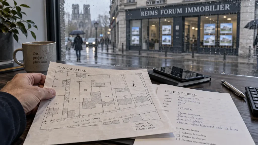 Main sur plan cadastral, agence forum immobilier reims en arrière-plan