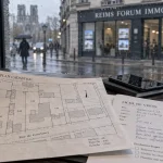 Main sur plan cadastral, agence forum immobilier reims en arrière-plan