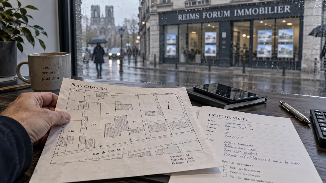 Main sur plan cadastral, agence forum immobilier reims en arrière-plan