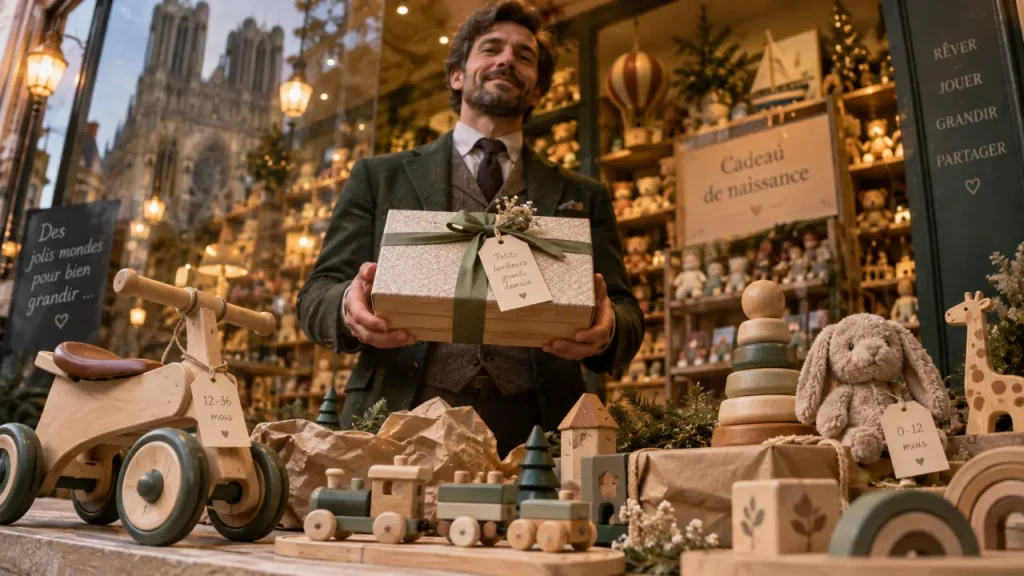 Magasins jouet reims : vendeur devant vitrine de jouets et cadeaux