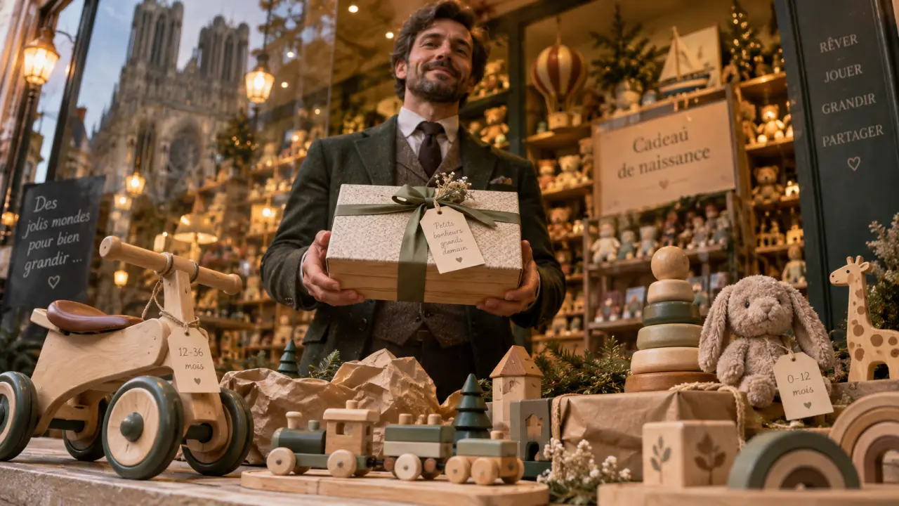 Magasins jouet reims : vendeur devant vitrine de jouets et cadeaux