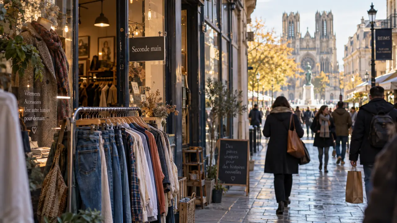 Reims magasins vetements : vitrine boutique vêtements et passants