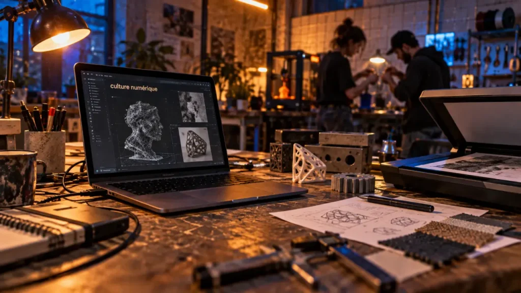 saint ex culture numérique reims : table câbles, ordinateur et imprimante 3D en tiers-lieu de création