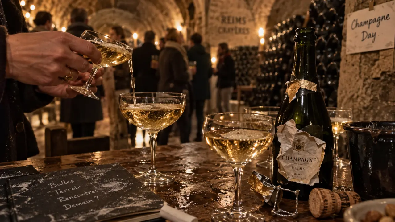 Champagne day Reims : dégustation en cave, verres et bouteille