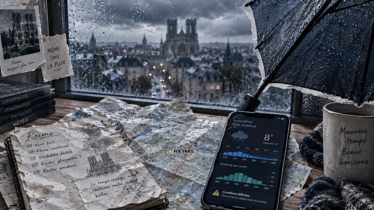 meteo champagne reims : parapluie près d’une carte météo, pluie indiquée 90%